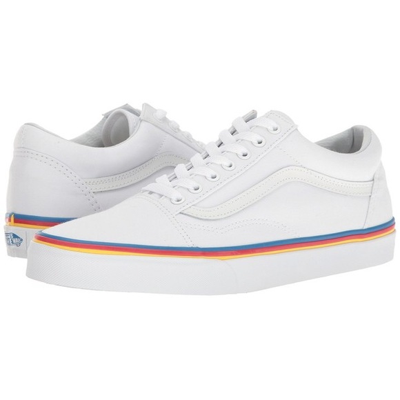 white old skool vans with rainbow stripe